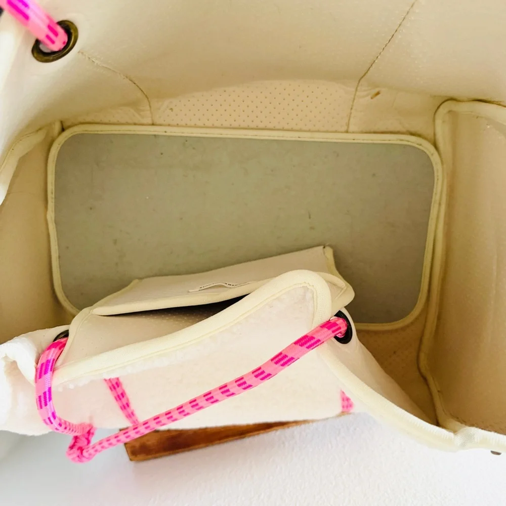 Anthropologie Annie Faux Sherpa Tote Bag in Crema with Pink Cord Handle